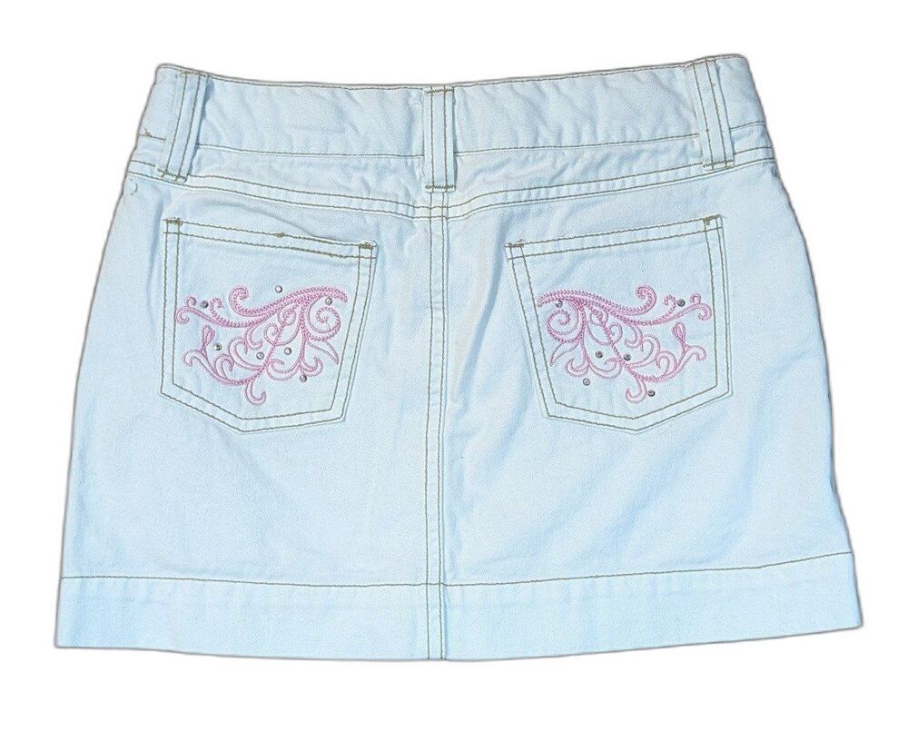 Girls Vintage Y2K Circo White Denim Mini Skirt Pink Embroidery & Rhinestones M